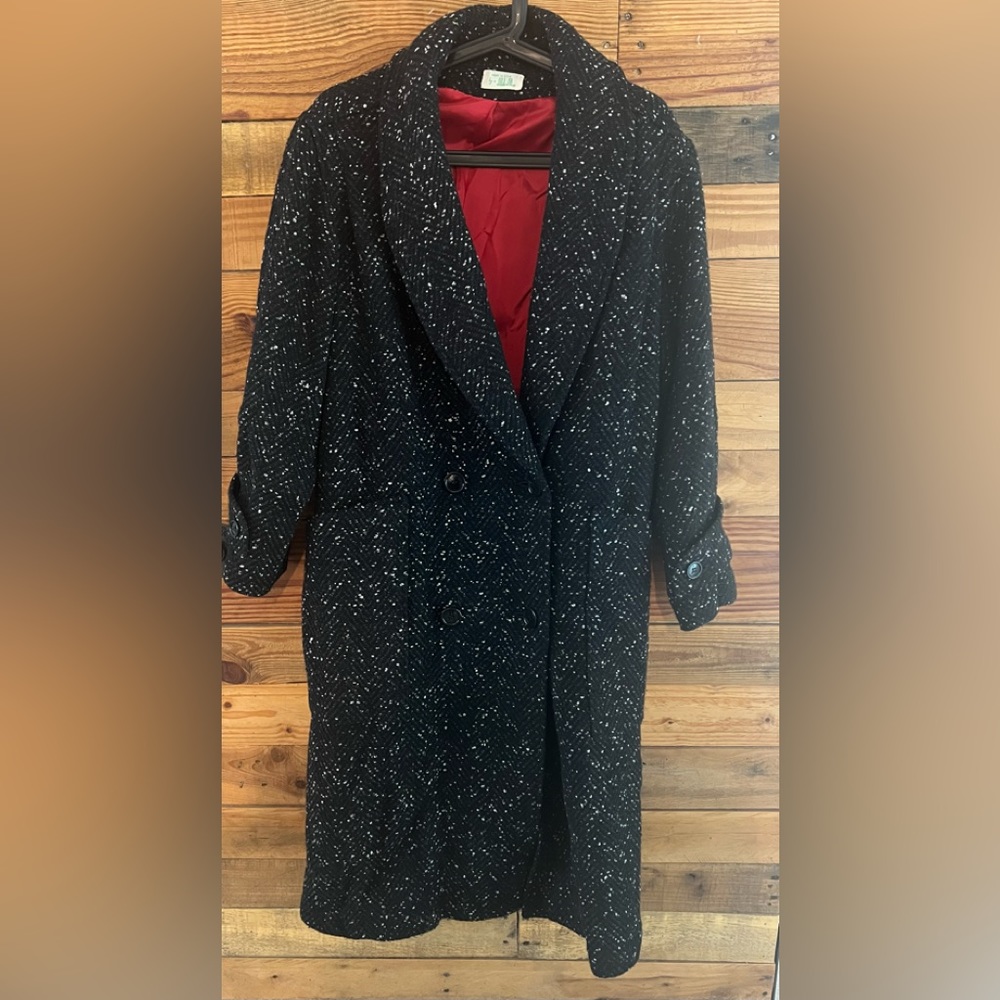 Vintage Jill Jr Black Gray Tweed Wool Long Coat red Lining Women's medium/large